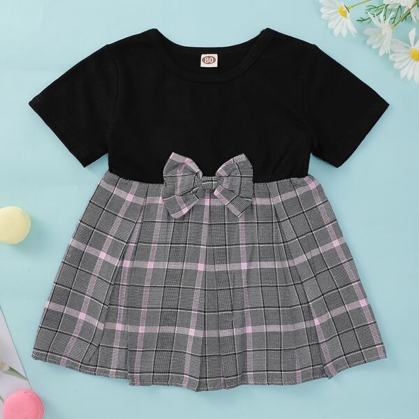

Toddler Girls Bow Front Contrast Plaid Dress, Multicolor