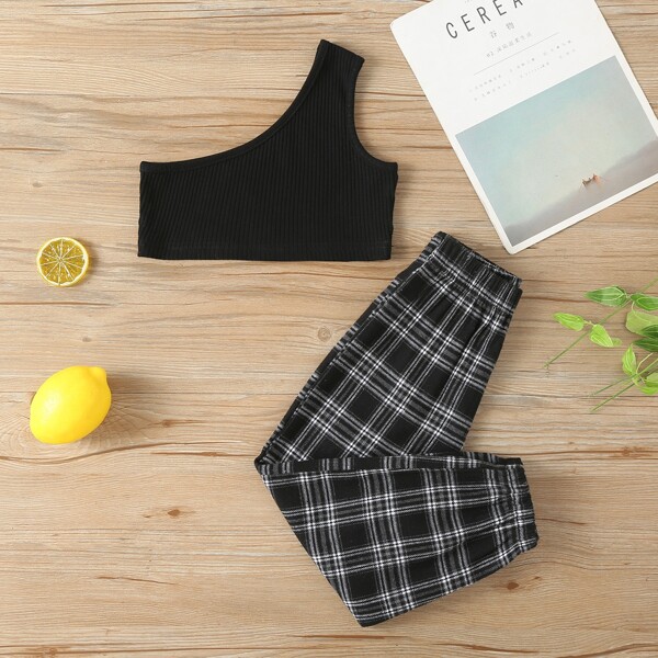 

Toddler Girls Rib-Knit Top & Tartan Pants Set, Black