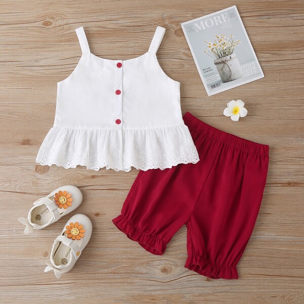

Toddler Girls Button Front Cami Top & Shorts Set, Red and white