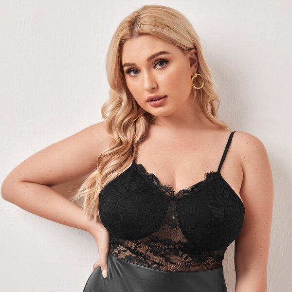 

Plus Lace Bustier PU Leather Hem Dress, Black