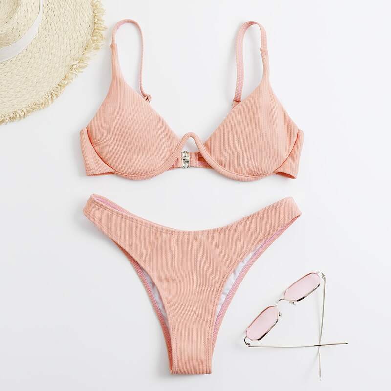 

Solid Textured Bikini Swimsuit, Coral pink