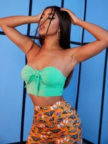 SHEIN 結飾羅紋針織抹胸上衣 - 綠色 - 查看 4