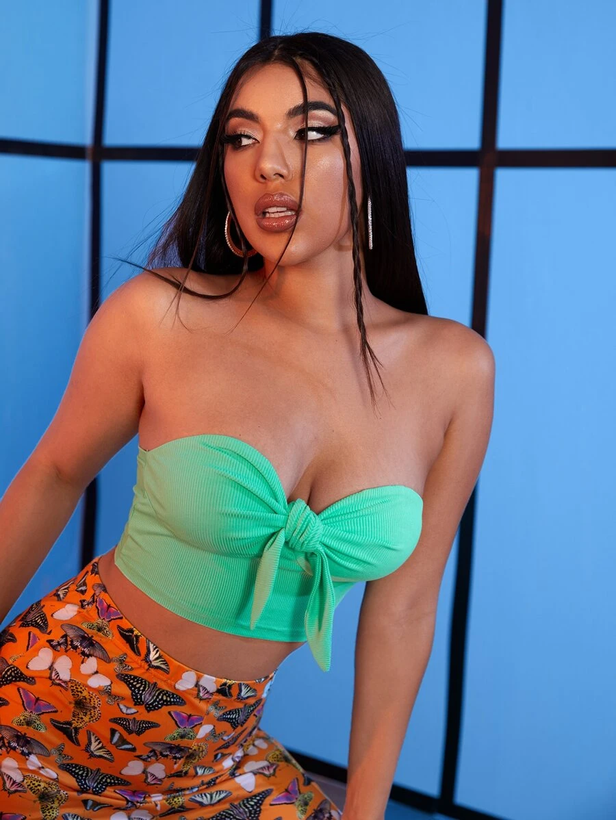 SHEIN 結飾羅紋針織抹胸上衣 - 綠色 - 查看 1