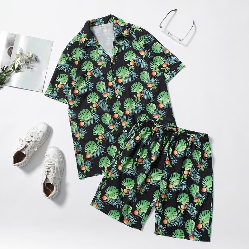 

Guys Tropical Print Shirt & Drawstring Shorts, Multicolor