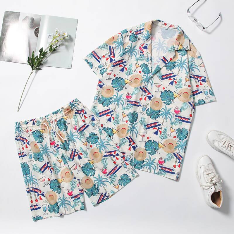 

Guys Tropical Print Shirt & Drawstring Shorts, Multicolor