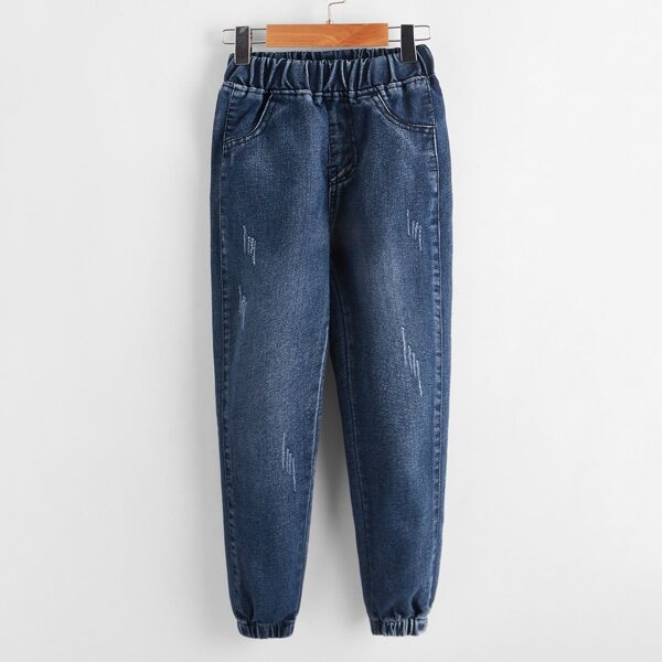 

Girls Ripped Elastic Waist Tapered Jeans, Dark wash