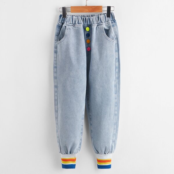 

Girls Button Front Contrast Hem Jeans, Light wash