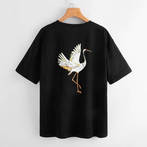 

Crane & Chinese Letter Print Drop Shoulder Tee, Black