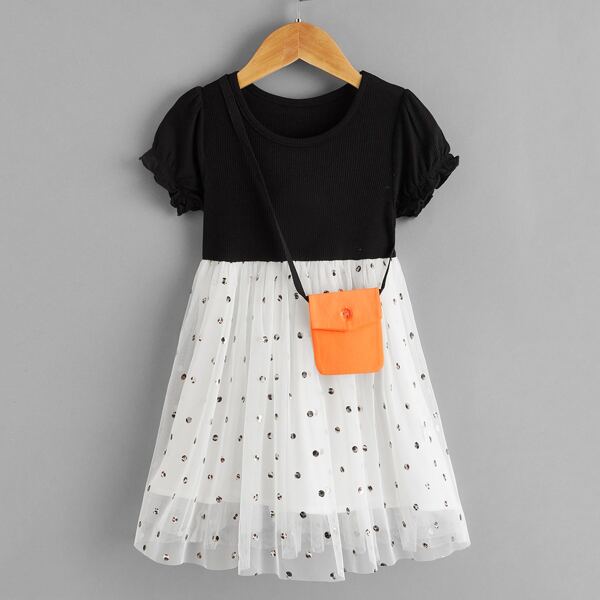 

Toddler Girls Contrast Dobby Mesh Combo Dress With Bag, Black and white