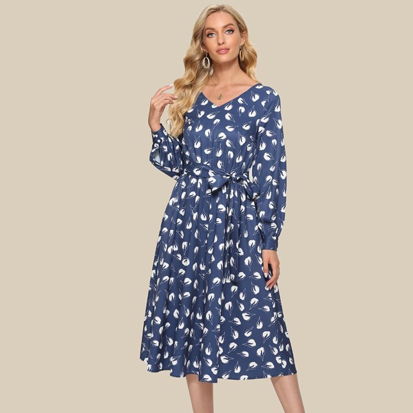 

Allover Floral Print Belted Dress, Blue