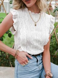 Simplee Blusa casual com gola em pé, barra de renda, bainha franzida, sólida, para primavera/outono