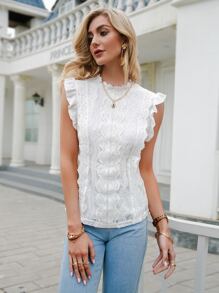 Simplee 休闲立领贝壳边蕾丝纯色荷叶边下摆衬衫，春秋季 - 白色 - 查看 4