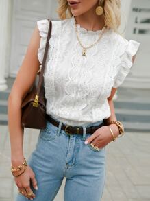 Simplee 休闲立领贝壳边蕾丝纯色荷叶边下摆衬衫，春秋季 - 白色 - 查看 6