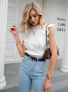 Simplee 休闲立领贝壳边蕾丝纯色荷叶边下摆衬衫，春秋季 - 白色 - 查看 7