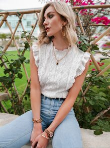 Simplee 休闲立领贝壳边蕾丝纯色荷叶边下摆衬衫，春秋季 - 白色 - 查看 8