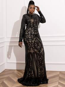 seomiscky 加大美人鱼下摆亮片舞会礼服黑色优雅长袖正式晚会婚礼宾客礼服，适合毕业典礼、晚宴