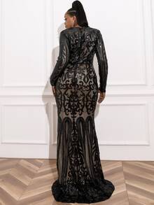 seomiscky 加大美人鱼下摆亮片舞会礼服黑色优雅长袖正式晚会婚礼宾客礼服，适合毕业典礼、晚宴