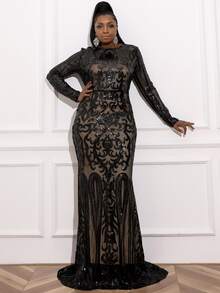 seomiscky 加大美人鱼下摆亮片舞会礼服黑色优雅长袖正式晚会婚礼宾客礼服，适合毕业典礼、晚宴