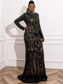 seomiscky 加大美人鱼下摆亮片舞会礼服黑色优雅长袖正式晚会婚礼宾客礼服，适合毕业典礼、晚宴