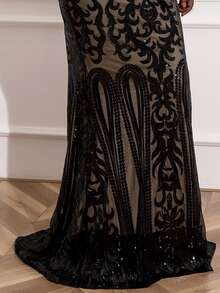 seomiscky 加大美人鱼下摆亮片舞会礼服黑色优雅长袖正式晚会婚礼宾客礼服，适合毕业典礼、晚宴