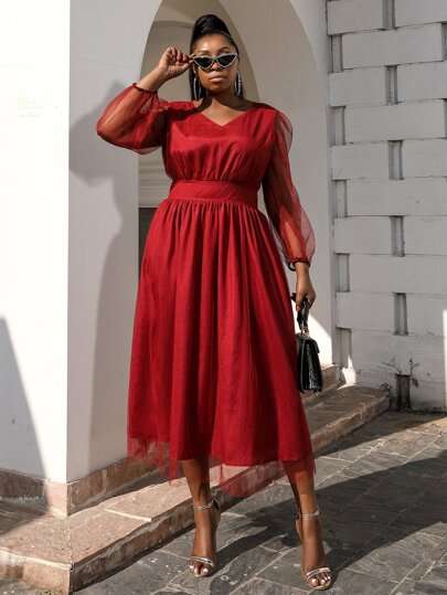 seomiscky فستان شبكي مقاس كبير باكمام فانوس