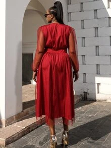 seomiscky Plus Lantern Sleeve Mesh Dress - Burgundy - View 2