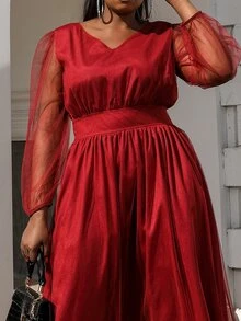seomiscky Plus Lantern Sleeve Mesh Dress - Burgundy - View 5