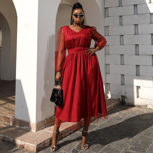 

Plus Lantern Sleeve Mesh Dress, Burgundy