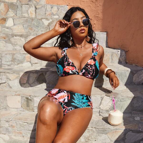 

Plus Plant Print Ruffle Bikini Swimsuit, Multicolor