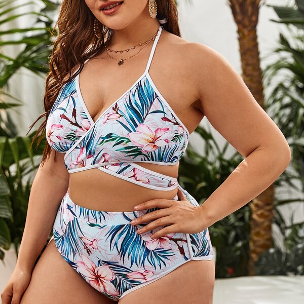 

Plus Floral & Tropical Cross Wrap Bikini Swimsuit, Multicolor