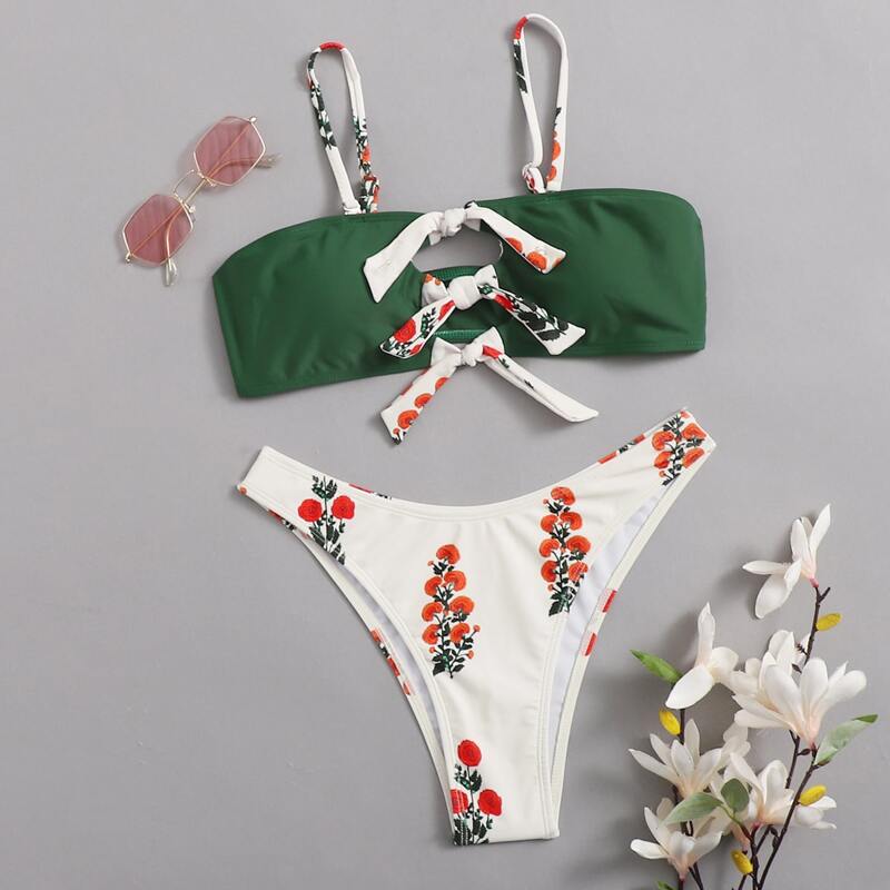 

Floral Tie Front High Cut Bikini Swimsuit, Multicolor
