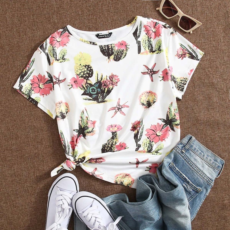 

Floral and Plants Print Top, White