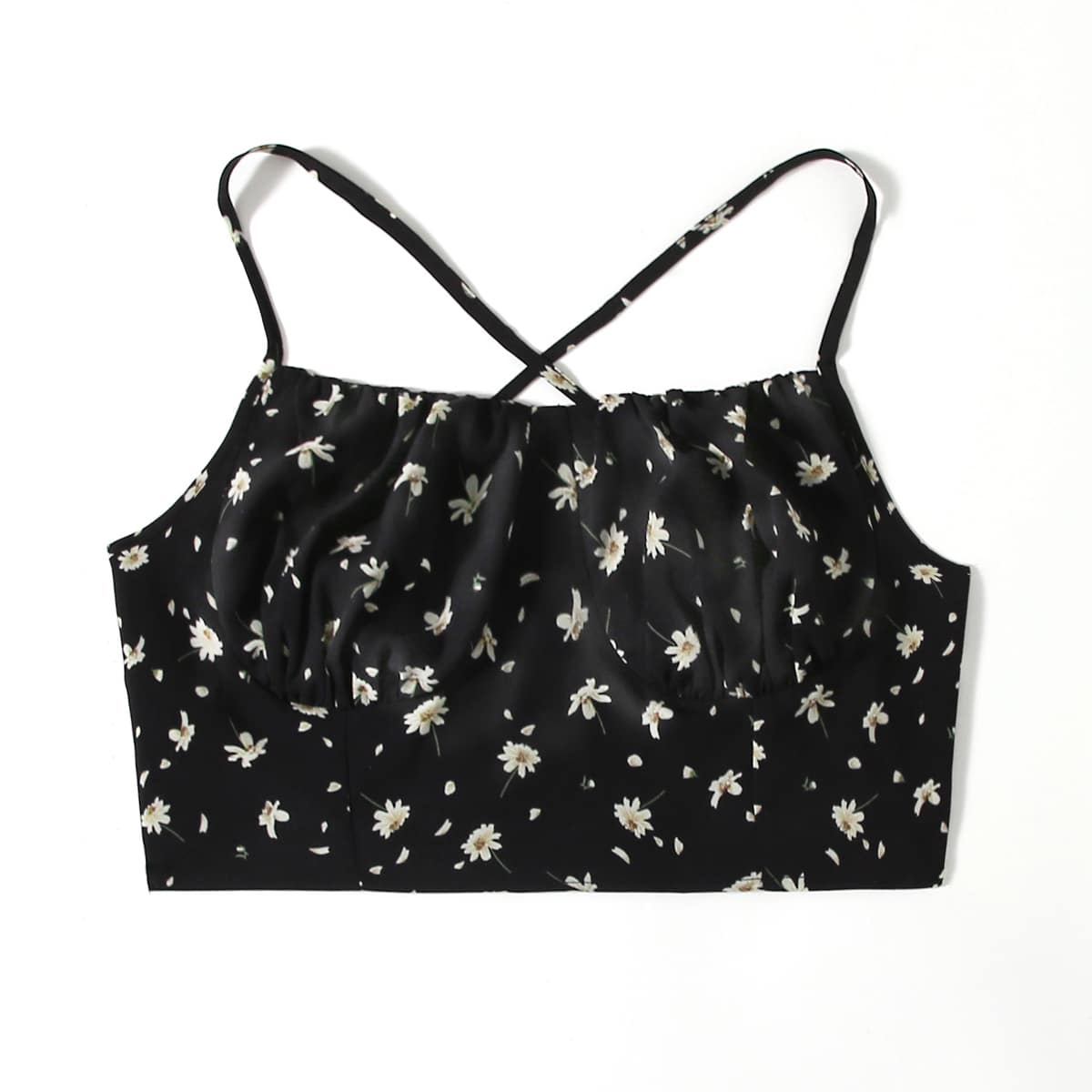 

Criss Cross Ditsy Floral Crop Cami, Black