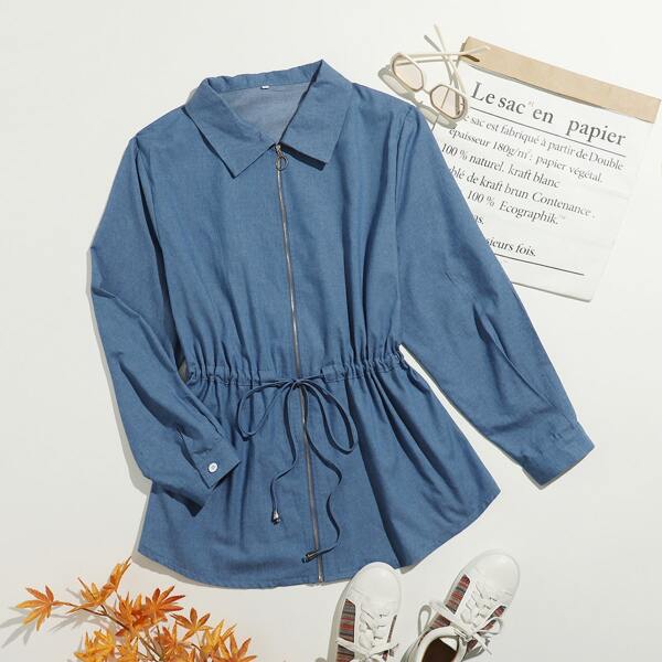

Plus Drawstring Waist Zipper Front Denim Jacket, Medium wash