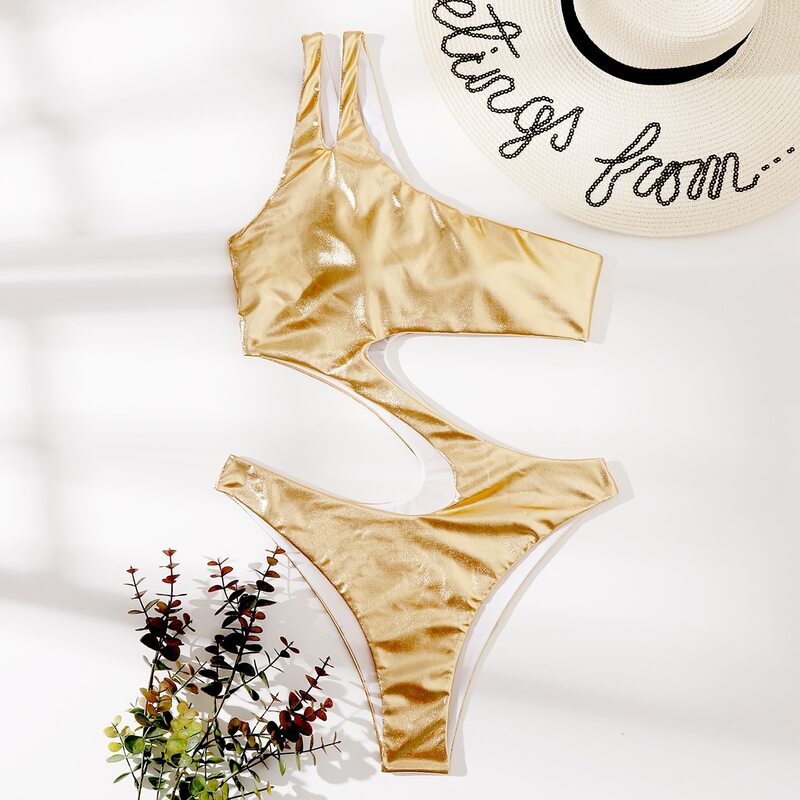 

Metallic Cut Out One Shoulder One-Piece Swimsuit, Gold
