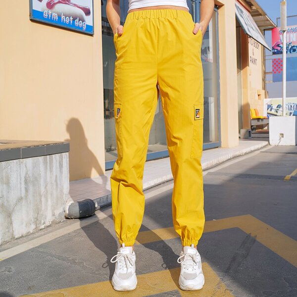 

Flap Pocket Patched Cargo Pants, Yellow