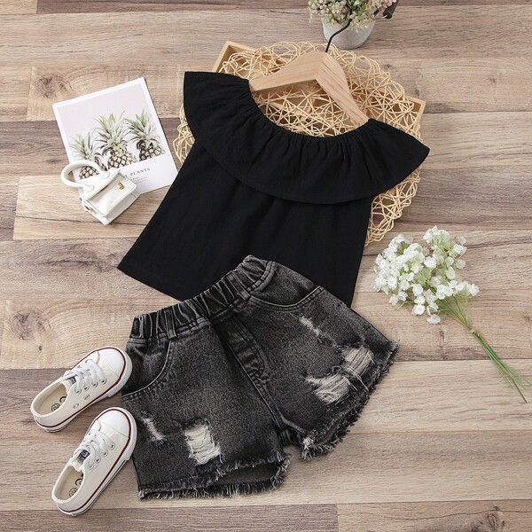 

Toddler Girls Ruffle Trim Top & Ripped Denim Shorts Set, Black