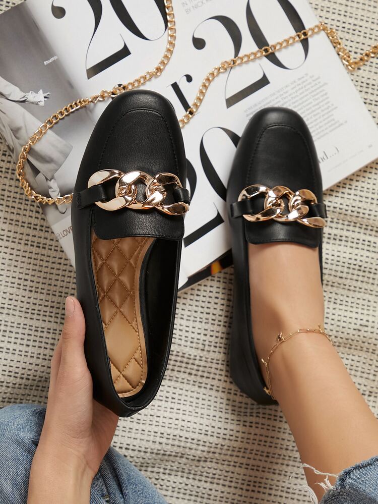 SHUZIA Chain Detailing Faux Leather Loafers - Black - View 3