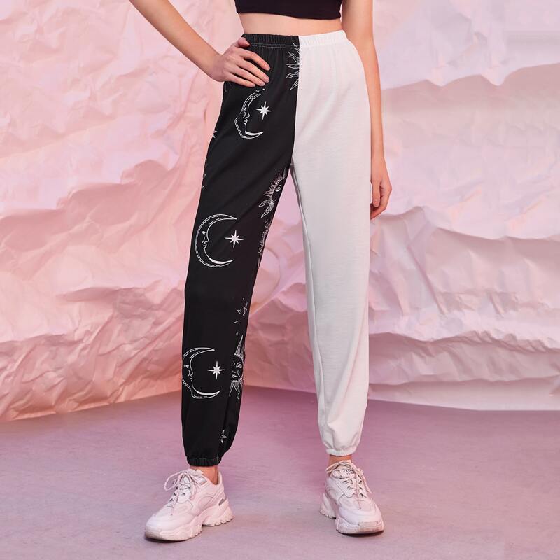 

Sun & Moon Graphic Sweatpants, Black and white
