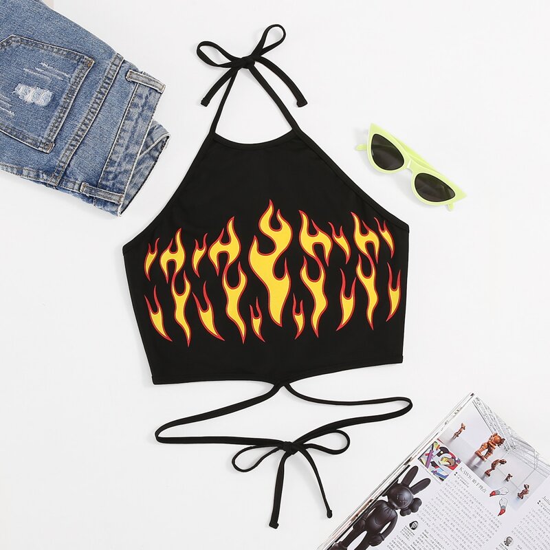 

Fire Print Tie Back Halter Top, Black