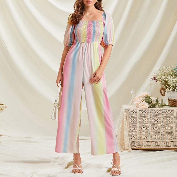 

Ombre Square Neck Shirred Jumpsuit, Multicolor