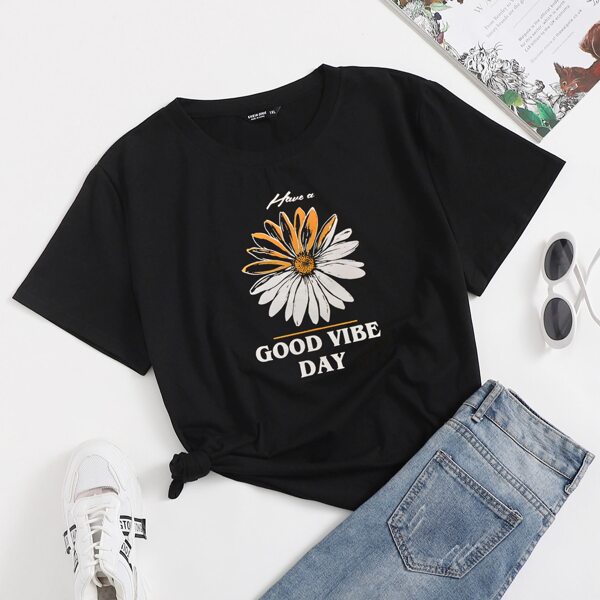 

Plus Floral And Slogan Graphic Tee, Black