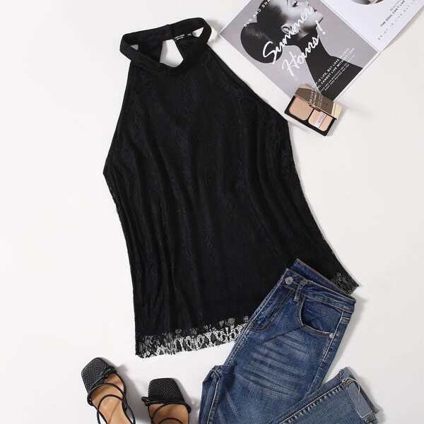 

Plus Lace Cut Out Solid Halter Top, Black
