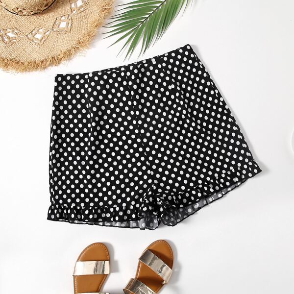 

Plus Polka Dot Ruffle Hem Shorts, Black and white