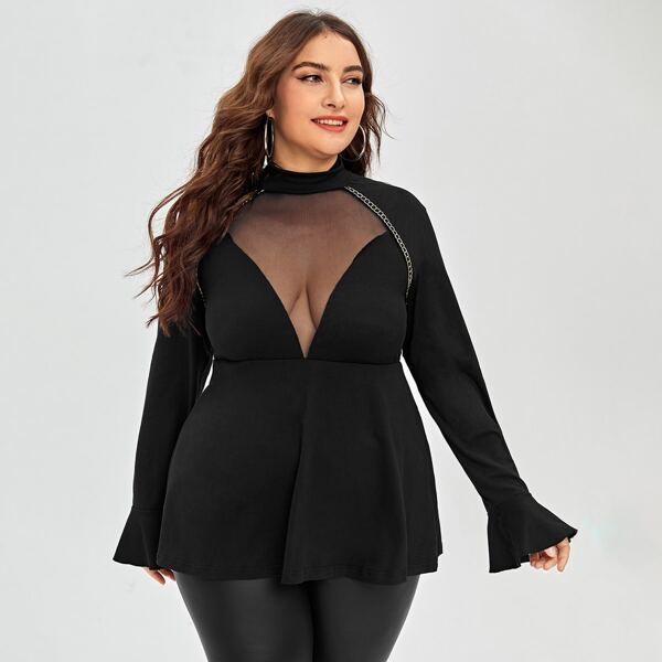 

Plus Contrast Mesh O-ring Peplum Top, Black