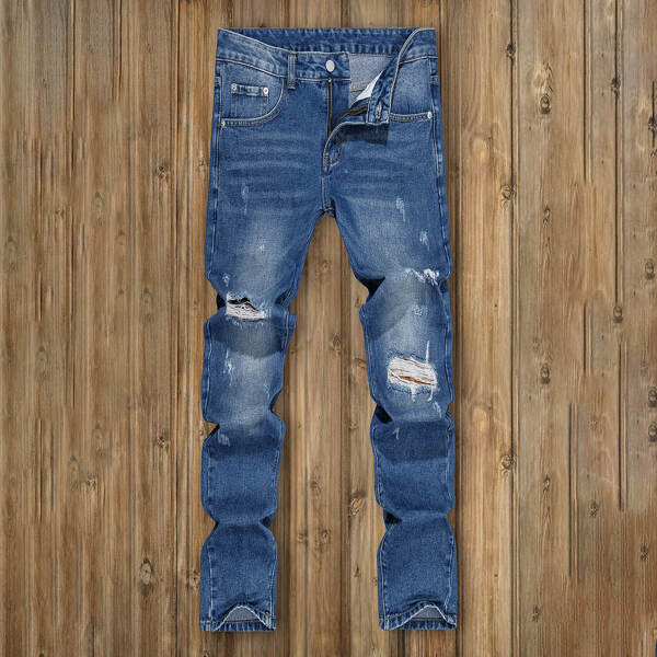 

Men Ripped Cat Whisker Jeans, Medium wash