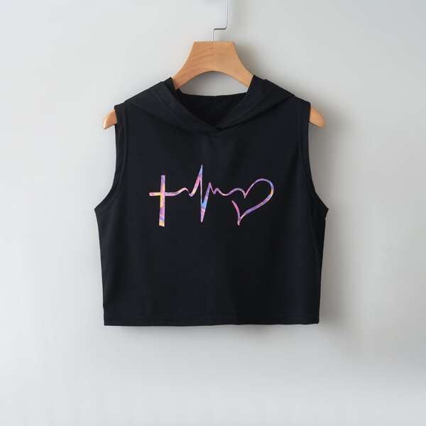 

Heart Print Hooded Tank Top, Black