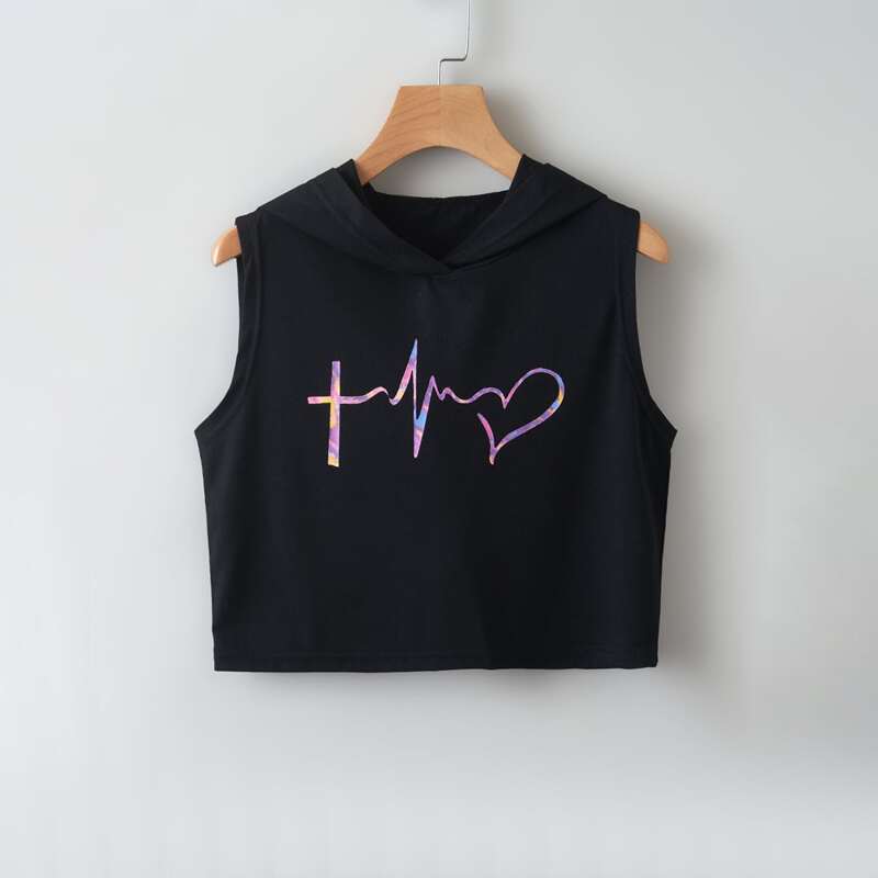 

Heart Print Hooded Tank Top, Black