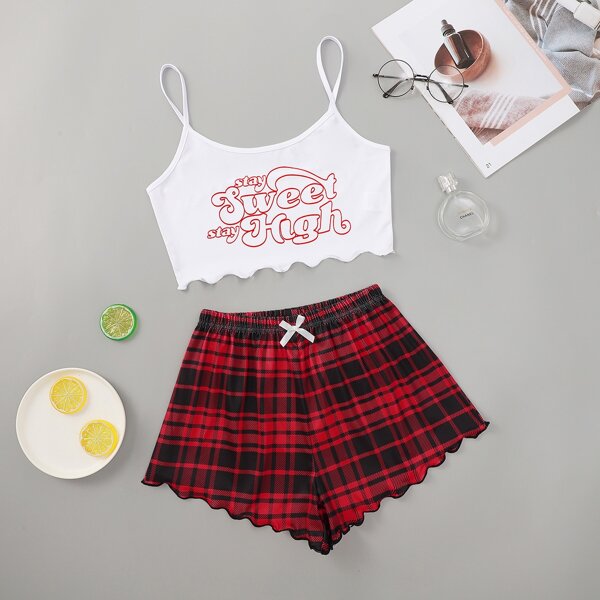 

Slogan And Plaid Print Scallop Trim Cami Pajama Set, Multicolor