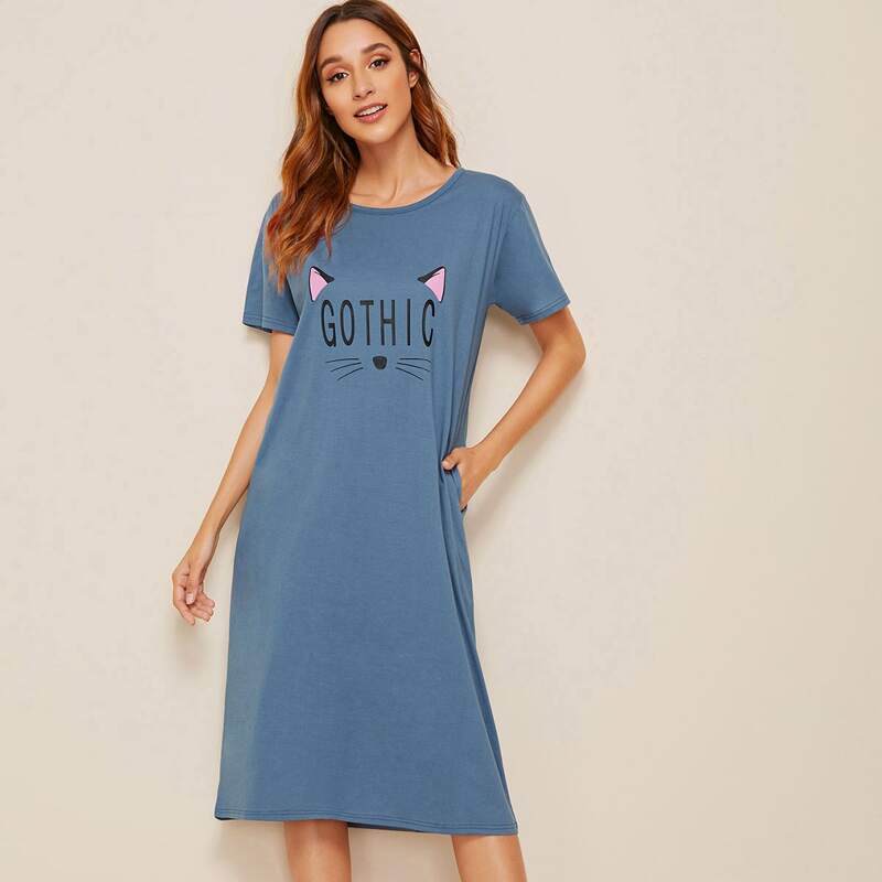 

Cartoon And Letter Graphic Tee Dress, Dusty blue